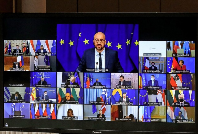 Der EU-Gipfel auf einem Blick: Pandemi...zentreffen  per Video-Konferenz statt.  | Foto: YVES HERMAN (AFP)