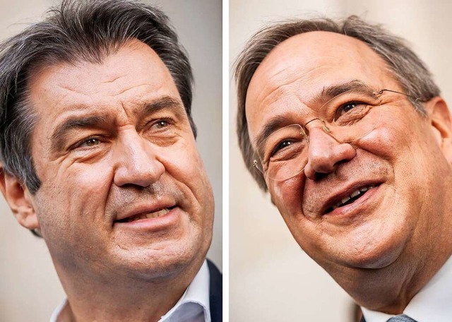 Markus Sder und Armin Laschet: Derzei...enten fr den geeigneteren Kandidaten.  | Foto: Michael Kappeler (dpa)