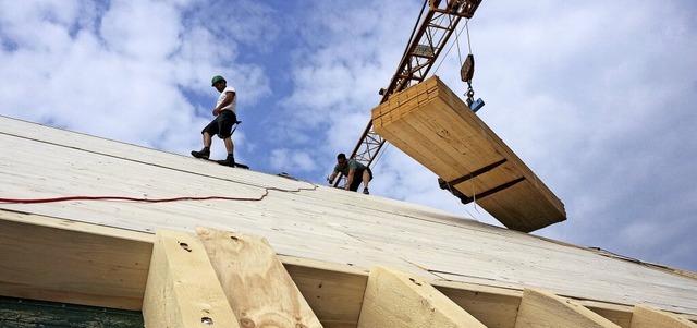 Ohne Hhenangst: Sicher bewegen sich d...rbeiten auf dem Dach des  Kornhauses.   | Foto:  