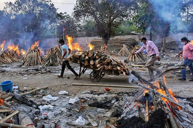 Ein Arbeiter zieht Holz auf einem Hand...ematorien und Krankenhuser berfllt.  | Foto: Ishant Chauhan (dpa)
