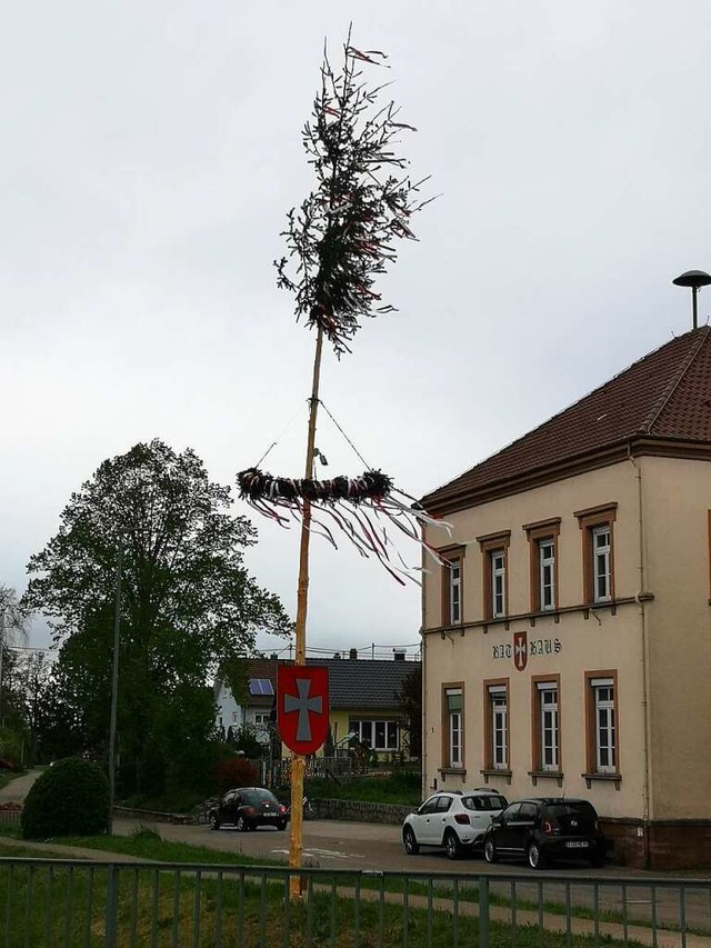 Kurzes Vergngen: der verkrzte Maibaum vor dem Rathaus von Ebersweier.  | Foto: Ralf Burgmaier