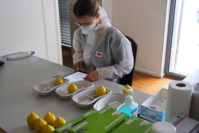 Am Labortisch im Testzentrum: Die gelb...ann zeigt ein Testkit das Ergebnis an.  | Foto: Horst David