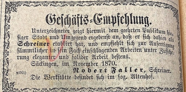 Im Trompeter von Sckingen hat Schrein...ember 1870 fr sein Geschft geworben.  | Foto: Stadtarchiv