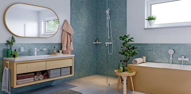 Beigetne und Akzente in Trkis oder H...lau bringen Frische und Wrme ins Bad.  | Foto: hansgrohe