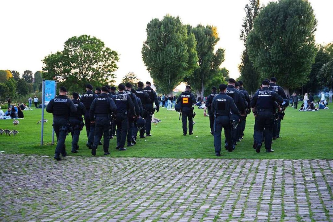 Heidelberg: Polizeibeamte gehen über die Neckarwiese  | Foto: Rene Priebe (dpa)