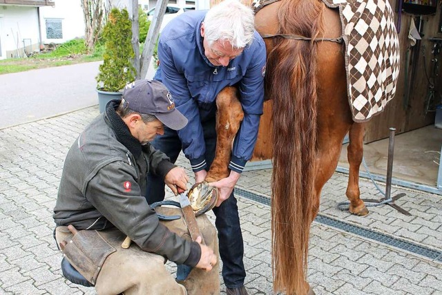 Frank Riehle (links) behandelt den Huf...i hlt derweil den Fu seines Tieres.   | Foto: Cornelia Liebwein