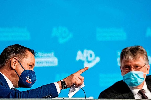 Die AfD-Bundessprecher Tino Chrupalla (links) und Jrg Meuthen.  | Foto: JENS SCHLUETER (AFP)