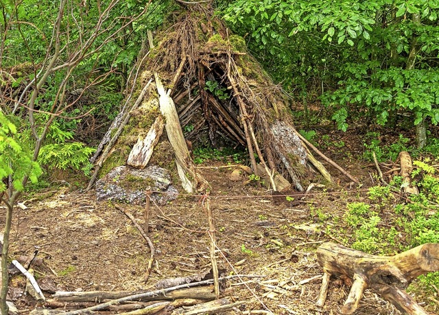 Die Kleinen des Waldkindergartens Graf...ndig eine  Htte aus Naturmaterialien.  | Foto: Wilfried Dieckmann