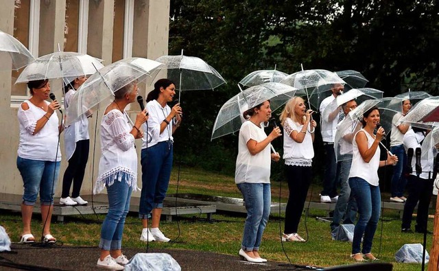 Ausgestattet mit Regenschirmen singen ... Harps vor der Friedenskirche in Lahr.  | Foto: Heidi Fel