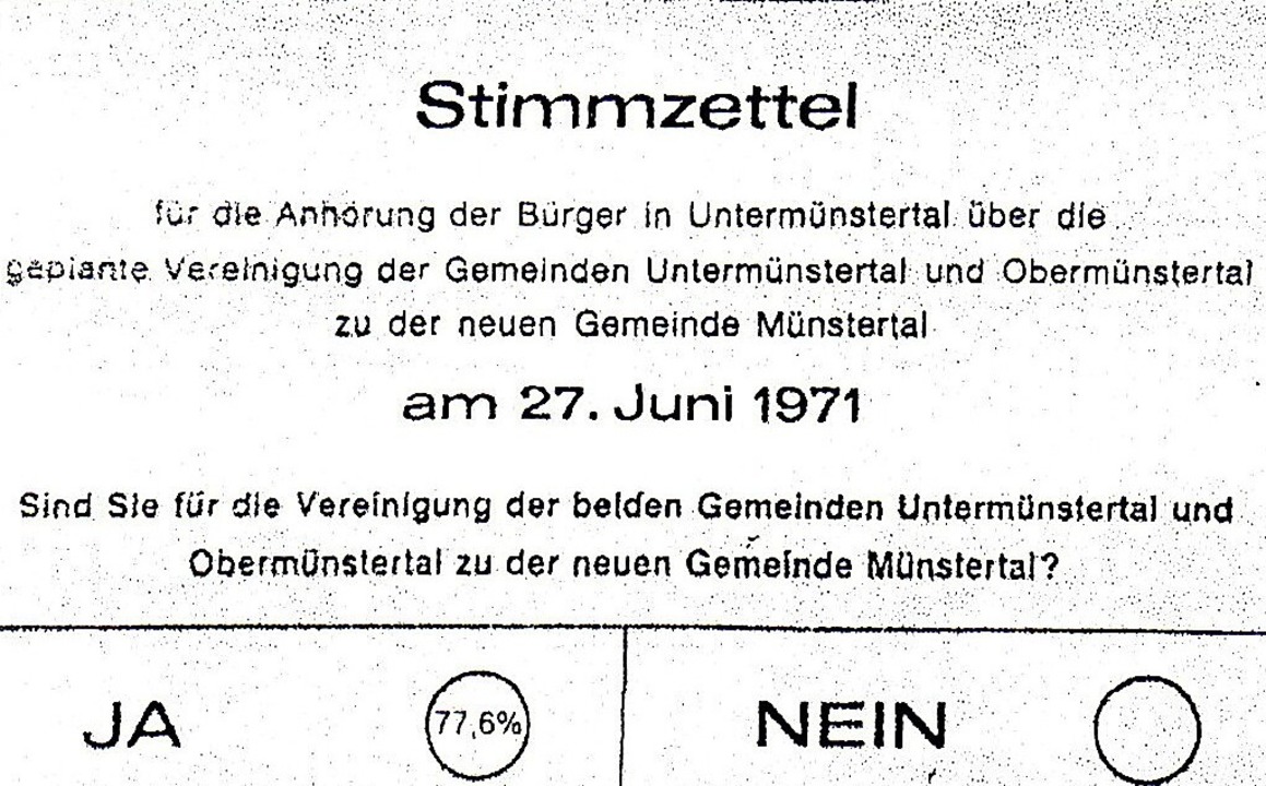 Der Stimmzettel belegt&#8217;s: Mehr a... 50 Jahren für die Gemeindefusion aus.  | Foto: REPRO: Manfred Lange