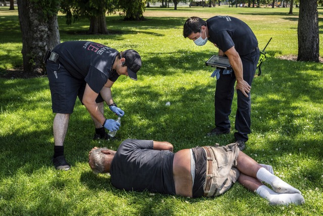 Eine spezielle Feuerwehreinheit ist whrend der Hitzewelle unterwegs.  | Foto: Colin Mulvany (dpa)