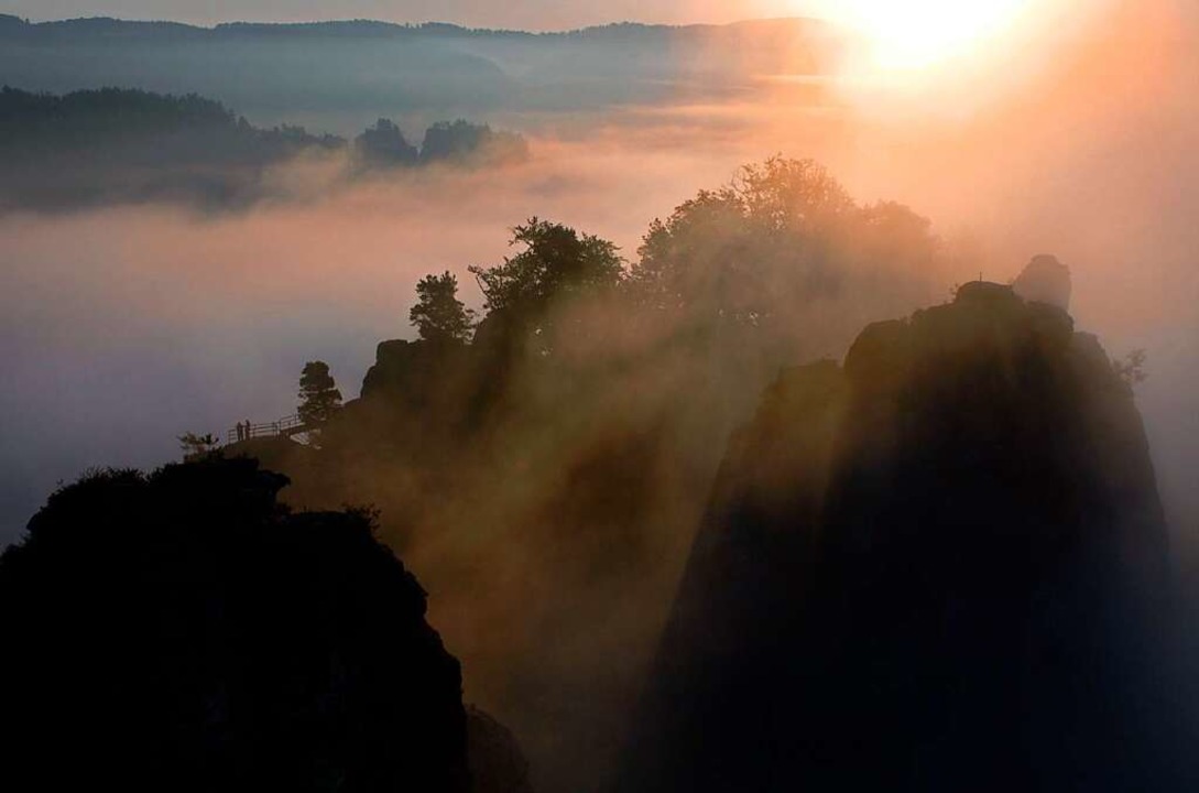 Morgennebel hüllt den Basteifelsen ein... beim Nationalpark Sächsische Schweiz.  | Foto: Matthias Hiekel (dpa)