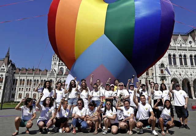 Aktivisten demonstrieren in Budapest gegen das umstrittene Homosexuellen-Gesetz.  | Foto: Laszlo Balogh (dpa)