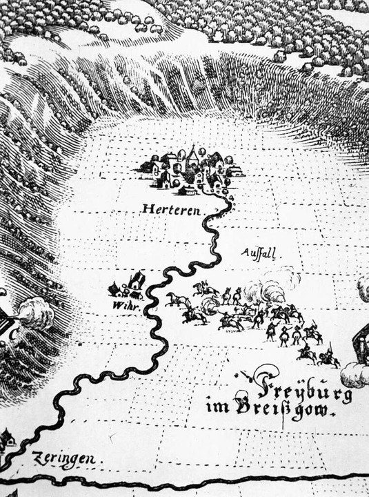 Der Merian-Stich von 1633 (Ausschnitt)...rechts Süden (mit der Stadt Freiburg).  | Foto: Archiv Hans Sigmund