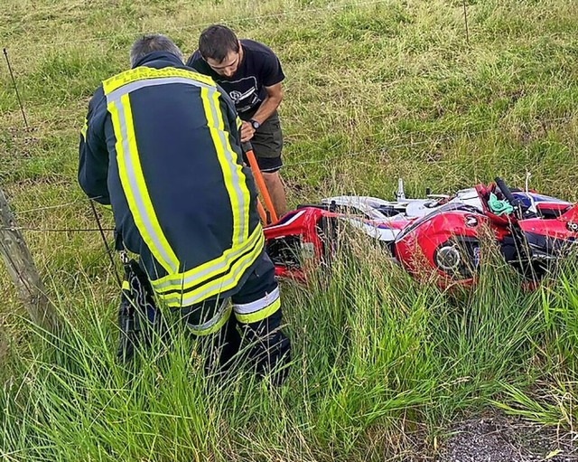 Die Feuerwehr holte die Unfallmaschine von der Viehweide.  | Foto: Kamera 24