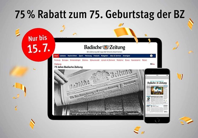 Zum 75. Geburtstag gibt es 75 Prozent Rabatt auf die Digitalprodukte der BZ.  | Foto: bz