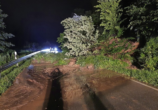 Gesperrt war am Freitag die L135 nach ...erutschter Hang blockierte die Strae.  | Foto: Feuerwehr Steinen