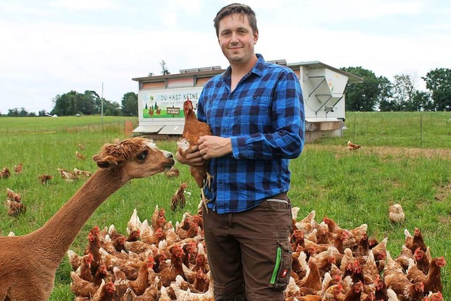 Der junge Landwirt Robin Vogelbacher liebt den Kontakt zu seinen Tieren.  | Foto: Cornelia Liebwein