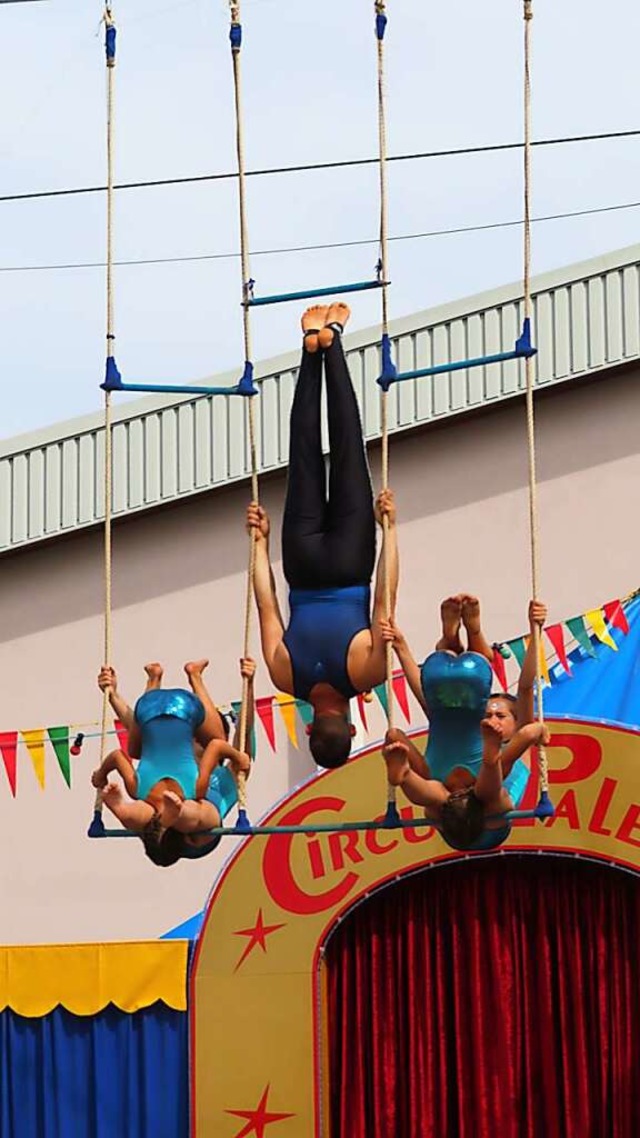 In schwindelerregender Hhe zeigen diese Akrobaten ihre Kunststcke.  | Foto: Bertold Obergfll