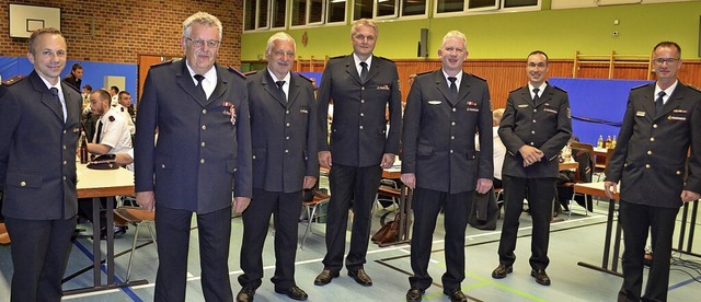 Bei der Hauptversammlung der Feuerwehr...ister Christian Leiberich (von links).  | Foto: Nikolaus Bayer