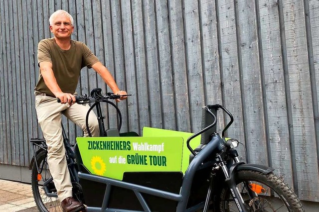 Gerhard Zickenheiner (Grne) geht mit dem Rad auf Wahlkampftour.  | Foto: Bro Zickenheiner