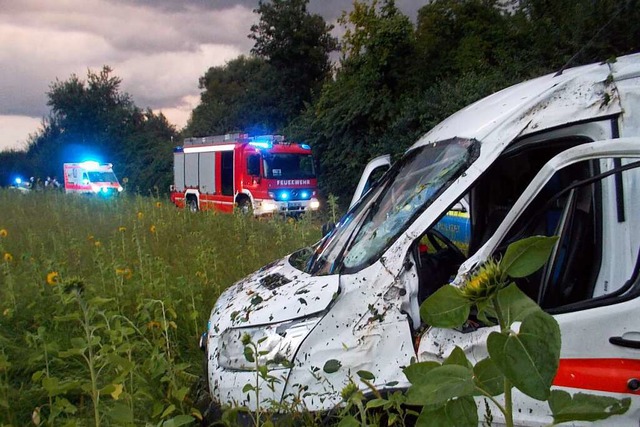 Der Fahrer wurde bei dem Absturz nur leicht verletzt.  | Foto: Feuerwehr Denzlingen / Stephan Konrad