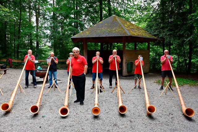 Die Alphornfreunde  bei der Probe auf dem Waldparkplatz in Herten  | Foto: Heinz und Monika Vollmar