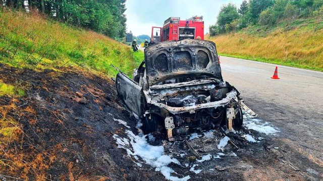 Nur noch ein Gerippe ist brig von dem  ausgebrannten Auto.   | Foto: Kamera24