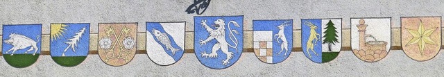 Die Wappenreihe der Bonndorfer Ortstei... Wittlekofen, Brunnadern, Dillendorf.   | Foto: Erhard Morath
