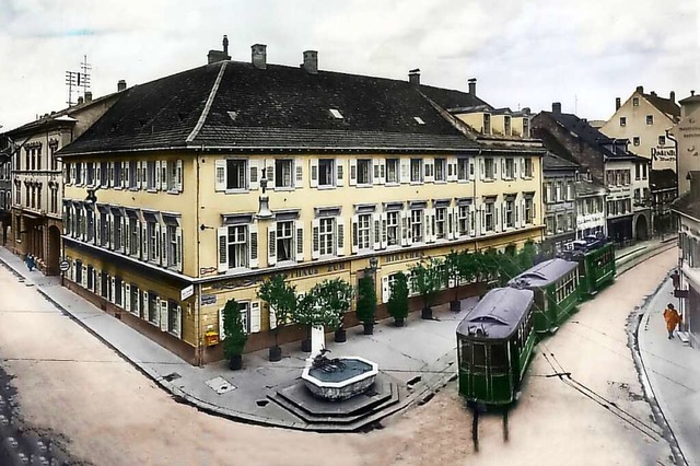Aus kolorierten historischen Postkarte...die Turmstrae fahrende Tram zu sehen.  | Foto: Historische Postkarte/Tscheulin