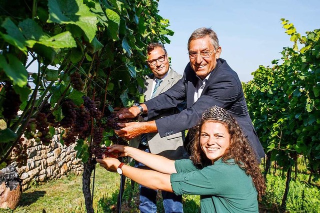 Badens Weinknigin Katrin Lang, Weinba...k (links) ben schon mal die Weinlese.  | Foto: Philipp von Ditfurth (dpa)