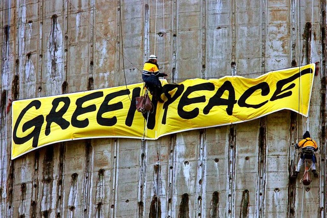 Aktivisten der Organisation Greenpeace...Kohlekraftwerks das Greenpeace-Banner.  | Foto: Federico Gambarini