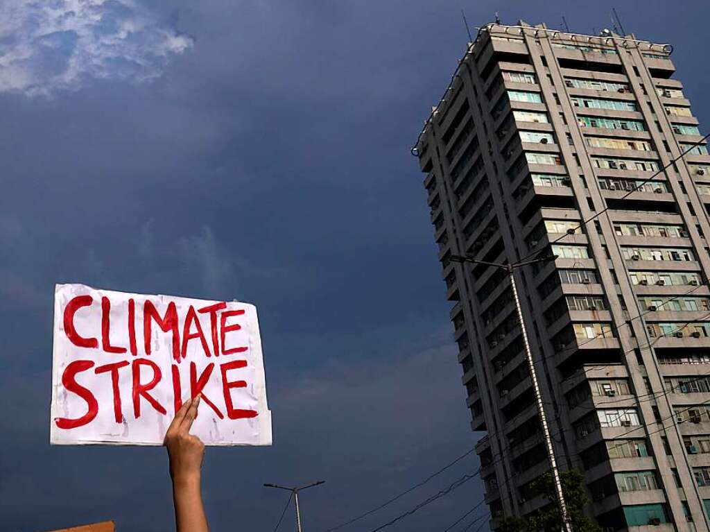 Indien, Neu Delhi: Ein Schild mit der Aufschrift „Climate Strike“ wird im Rahmen eines Protests der weltweiten Klimabewegung Fridays For Future hochgehalten.