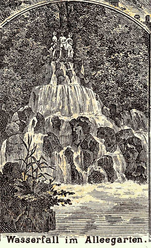 Der Wasserfall im Alleegarten war  Mot...eichneten Neujahrskarte zum Jahr 1900.  | Foto: Archiv Hans Sigmund