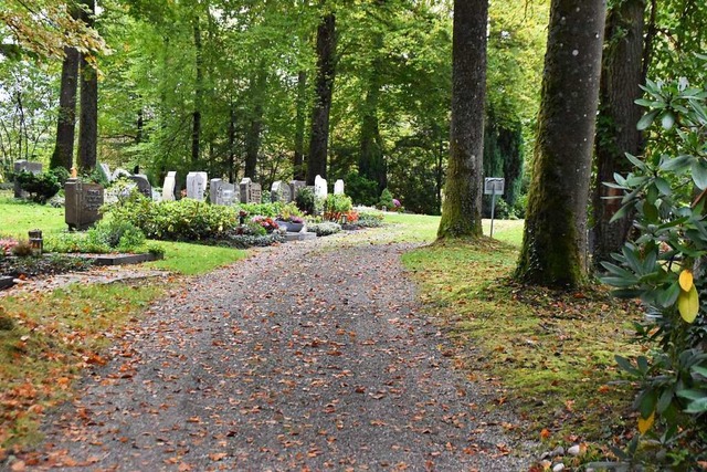 Der Gang ber den Waldfriedhof Karsau ...rt sich an Laub und Gras auf dem Weg.  | Foto: Maja Tolsdorf