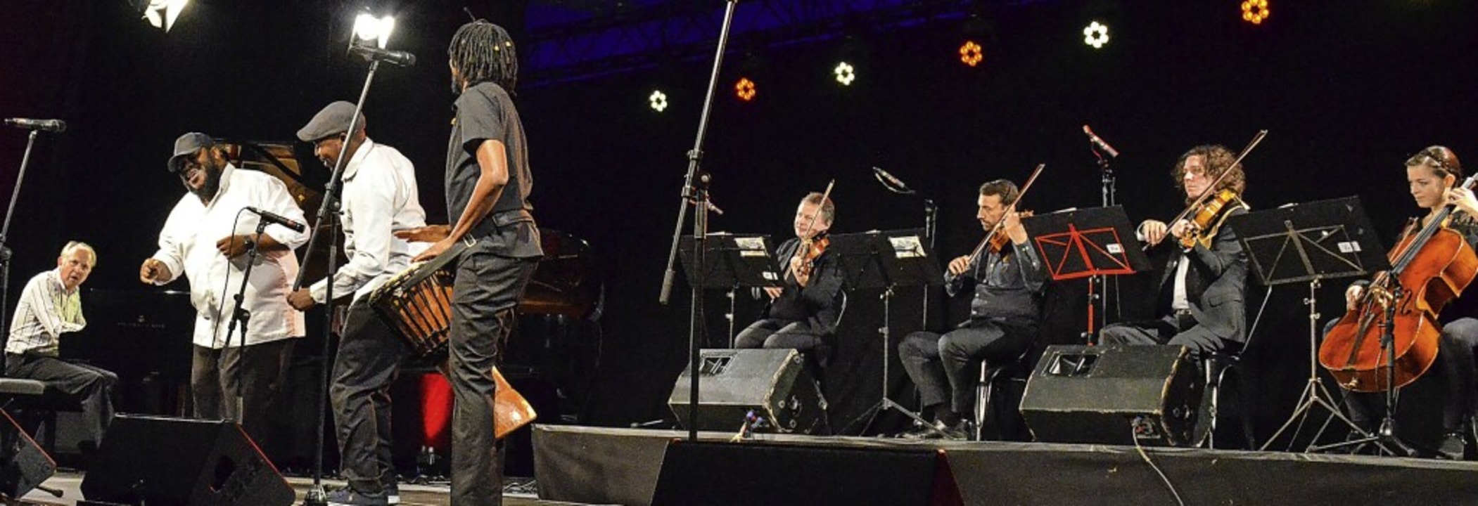 Ein Pianist, drei Zulu-Sänger und ein Streichquartett: Fertig ist Mozuluart.   | Foto: Gabriele Hennicke