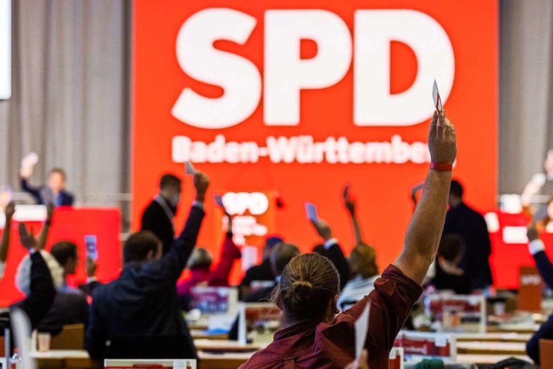 Delegierte halten auf dem Landespartei...rger Messehalle ihre Stimmkarten hoch.  | Foto: Philipp von Ditfurth (dpa)