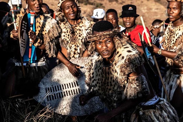In Felle gekleidet und heisere Kriegsl... Zulu-Kmpfern furchteinflend sein.   | Foto: Mark Lewis