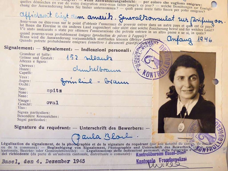 Anfang 1946 erfolgte die Ausreise Paul...ument gehörte zum Auswanderungsantrag.  | Foto: Quelle: Bundesarchiv Bern (BAR)
