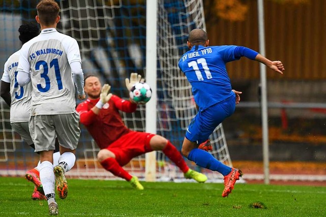 Mglichkeiten fr ein 4:4: Der Weiler ...prich kam nicht an Lukas Lindl vorbei.  | Foto: Gerd Gruendl