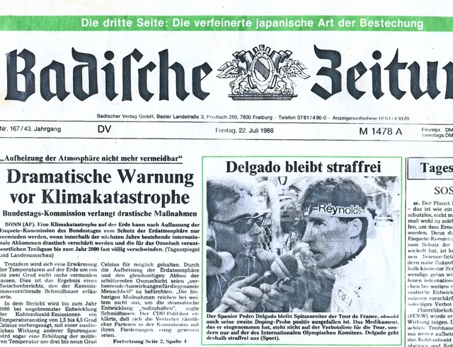 22. Juli 1988: Die BZ titelt &#8222;Dr...e Warnung vor Klimakatastrophe&#8220;. 
