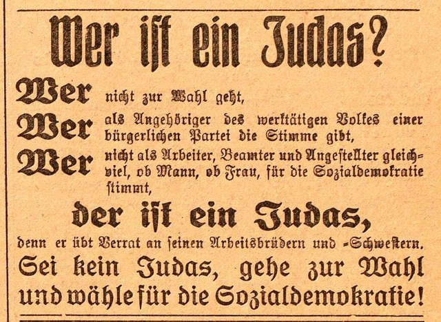 Wahlwerbung anno 1921: Eine Annonce de...29. Oktober 1921 vor der Landtagswahl.  | Foto: Jrgen Simon
