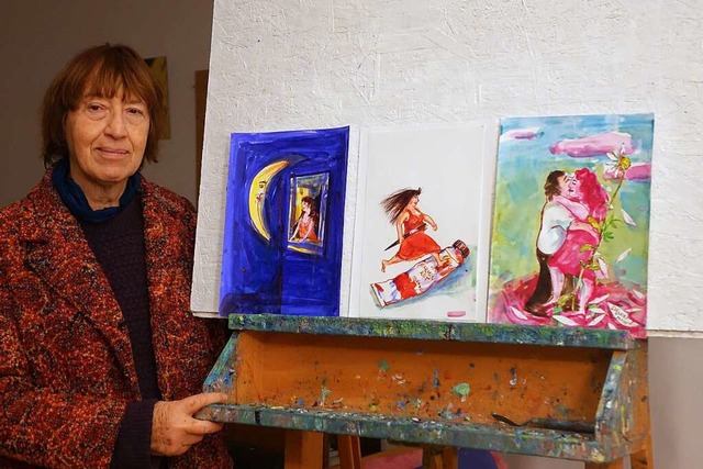 Die Malerin Jeannette Frei in ihrem At...rben in Geschichten und Illustrationen  | Foto: Roswitha Frey