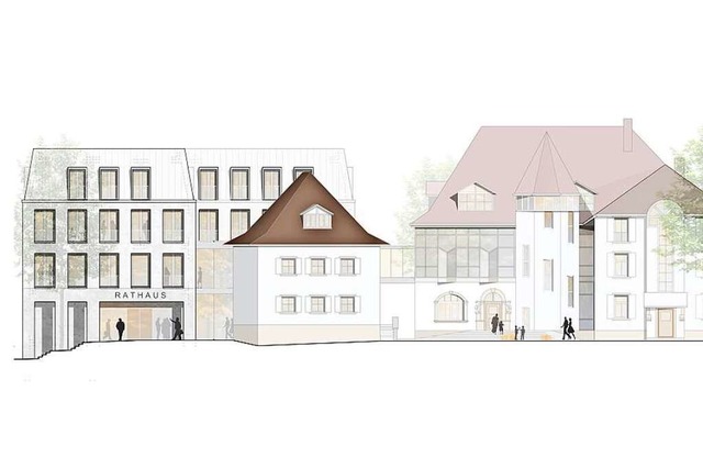 Die Visualisierung zeigt den geplanten... in der Mitte und das heutige Rathaus.  | Foto: K9 Architekten GmbH/Stadt Bad Krozingen