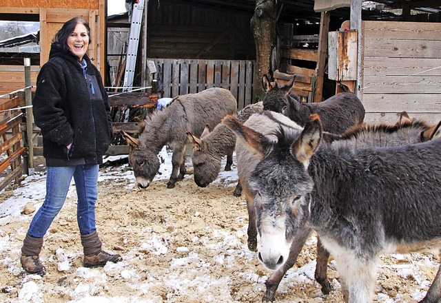 Mit ihren fnf Eseln geht Andrea Barth...ndrea Barth zugewandt und verschmust.   | Foto:  Yvonne Wrth