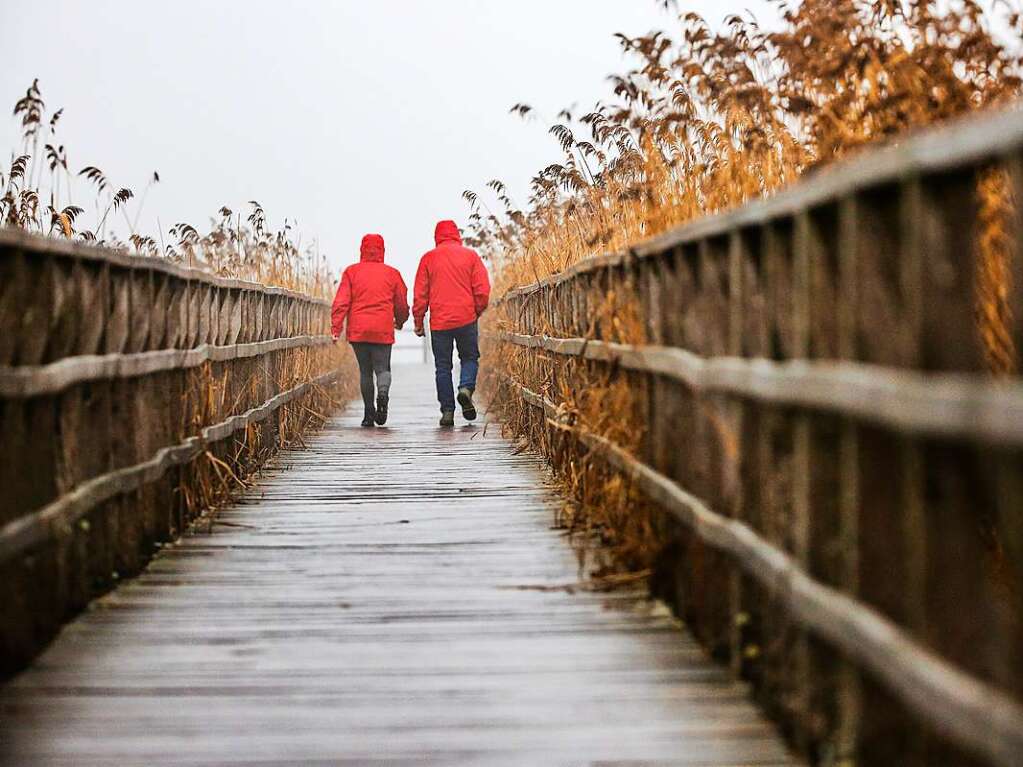 Ein Mann und eine Frau gehen im Regen auf dem Federseesteg ber die um den Federsee gelegene Moorlandschaft.