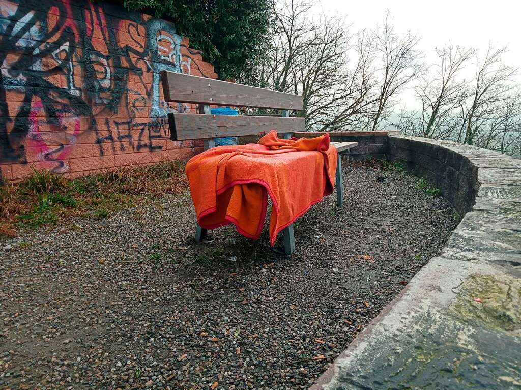 Welcher Schreck muss den Besitzern dieser Kuscheldecke in die Glieder gefahren sein, dass sie sie einfach auf dem Lehrten-Bnkle (Herbolzheim) zurck lieen? Das fragt sich Peter Steiert.