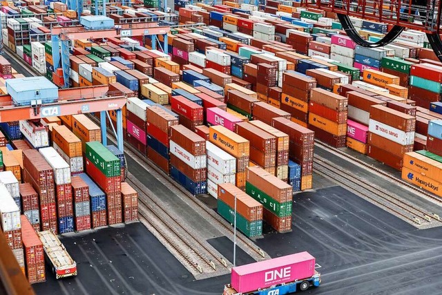 Container stehen im Containerterminal Altenwerder auf einer Abstellflche.  | Foto: Markus Scholz (dpa)