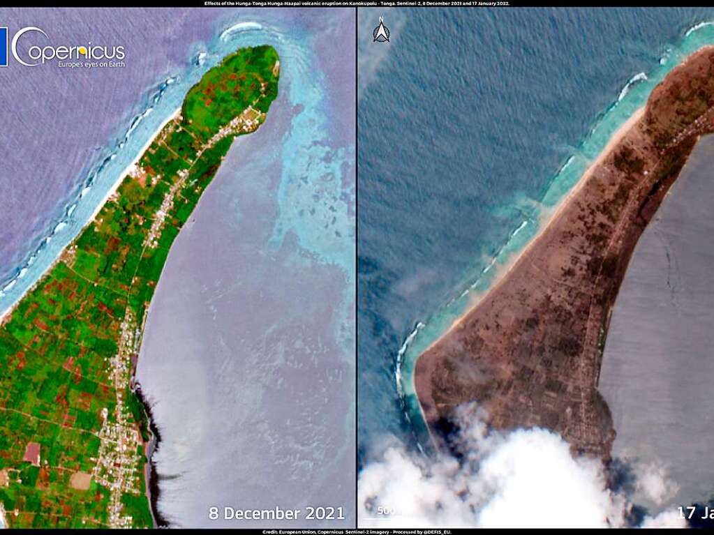 Links die Insel vor der Eruoption – Rechts danach