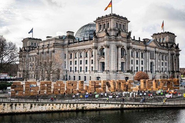 Aktivisten der Protestaktion des Wir ...vor dem Reichstagsgebude aufgestellt.  | Foto: Fabian Sommer (dpa)
